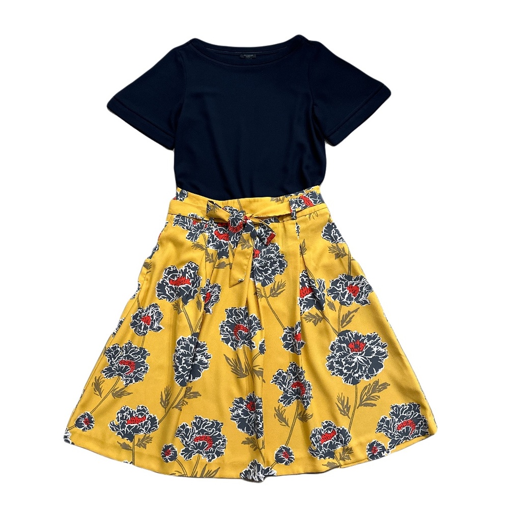 Banana Republic Floral Belted Skirt, Size 0 Petite, Mustard Color, Side Zipper